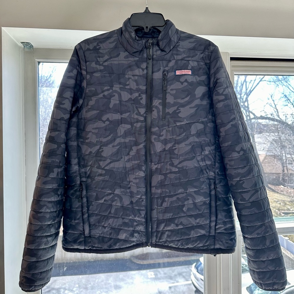 Vineyard Vines Performance Gray Camo Nylon Puffer Jacket Waterproof Size - L